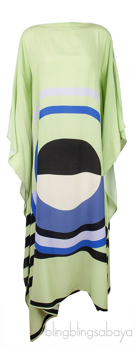 Leaf Green Printed Silk Kaftan Dress