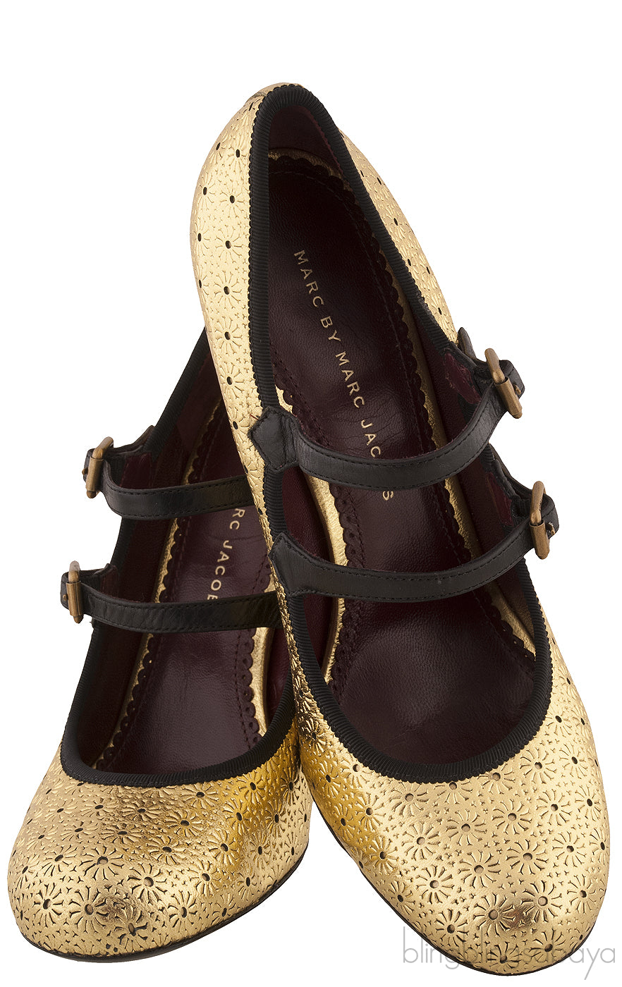 Gold Perforated Black Trim Heels
