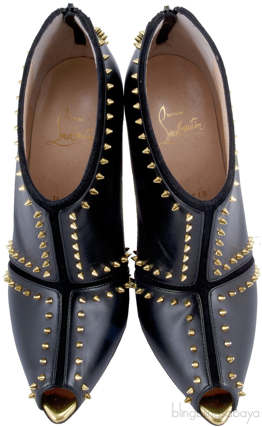 Black Studded Leather Peep Toe Boots