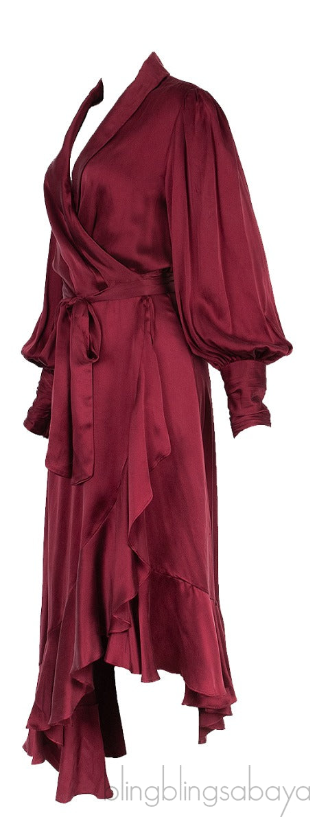 Maroon Wrap Ruffle Trim Dress