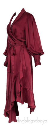 Maroon Wrap Ruffle Trim Dress
