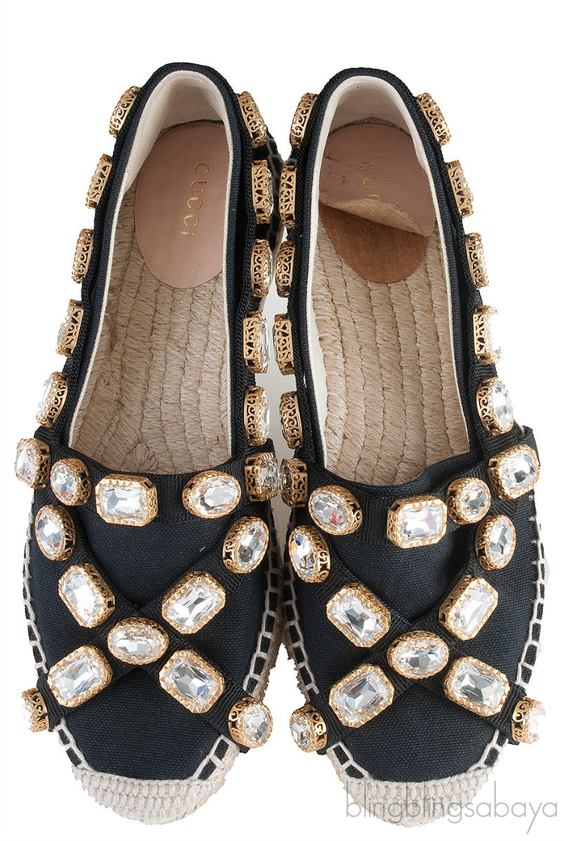 Gucci Pepita Black Canvas Crystal Espadrille