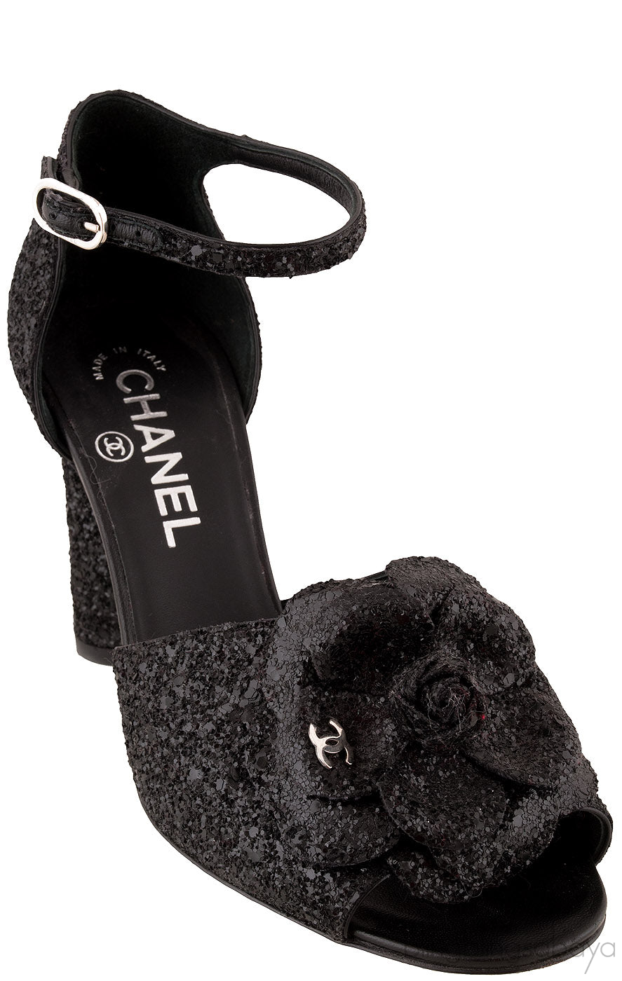 Black Glitter Camellia Heels