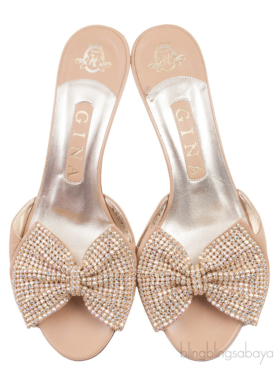 Nude Leather Bow Crystal Sandals