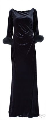 Grey Velvet Fur Trim Cuff Dress