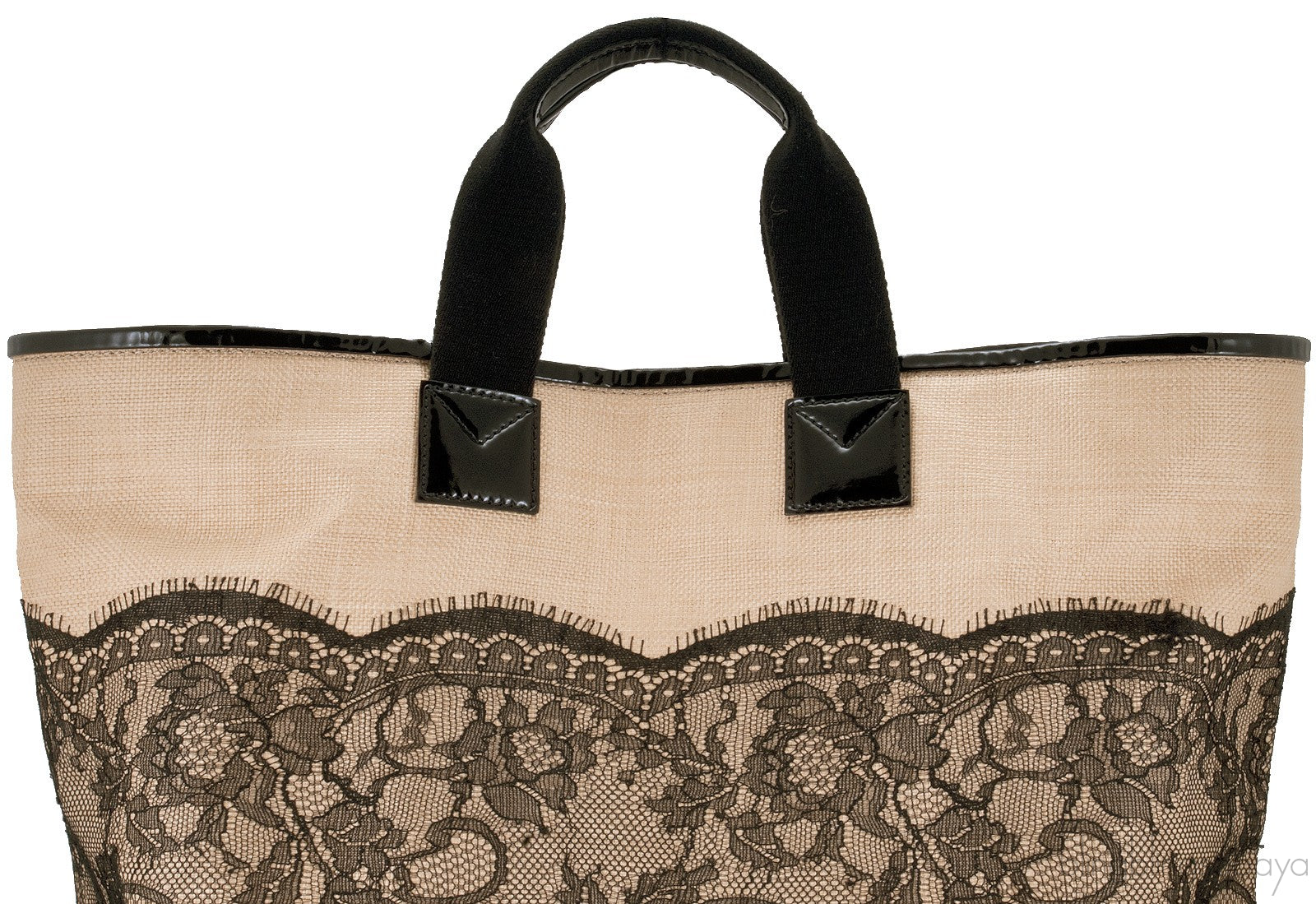 Beige Lace-appliquéd Raffia Tote