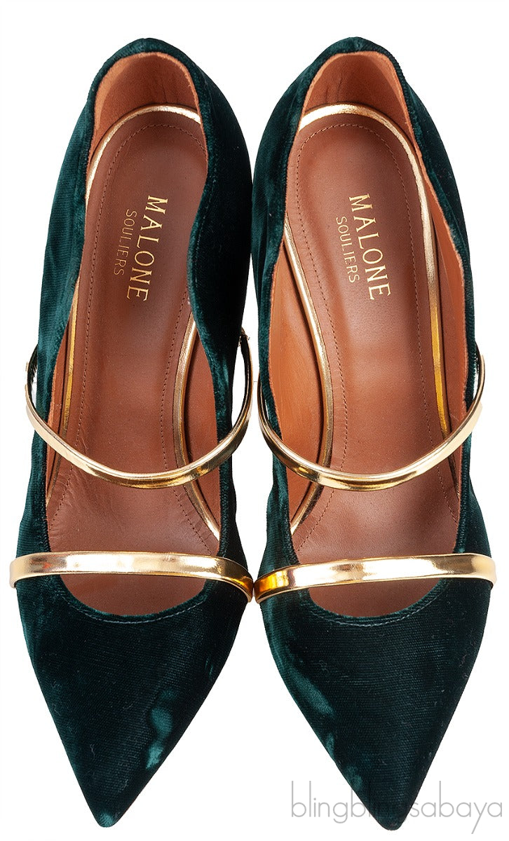 Maureen Emerald Velvet Gold Leather Trimmed Heels