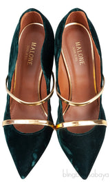 Maureen Emerald Velvet Gold Leather Trimmed Heels