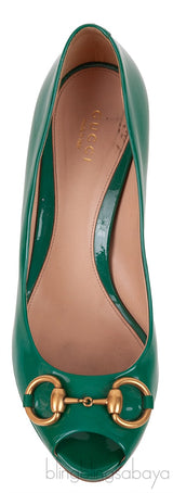Green Patent Horsebit Peep Toe Pump