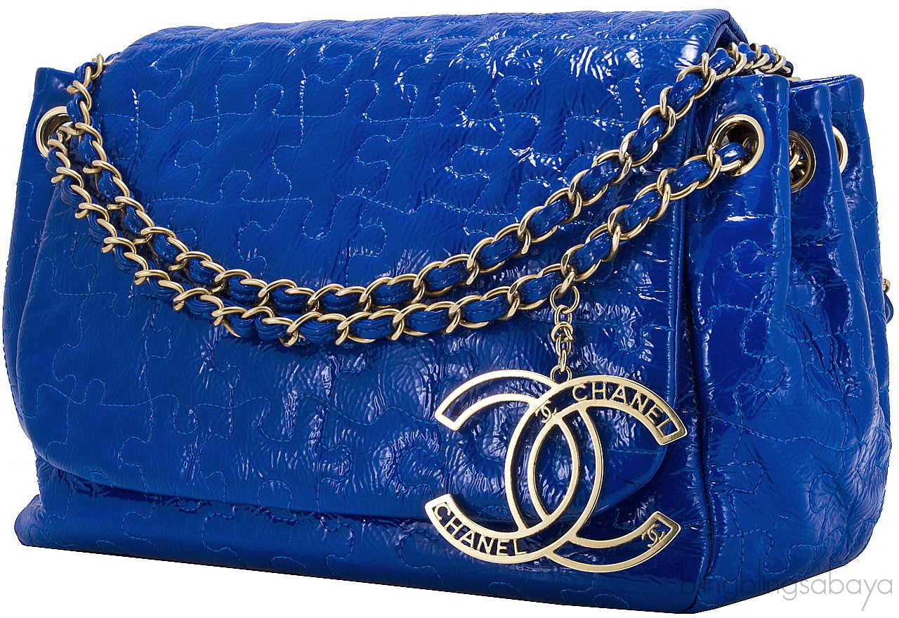 Blue Patent Puzzle Quilted Flap Bag