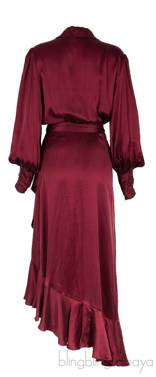 Maroon Wrap Ruffle Trim Dress