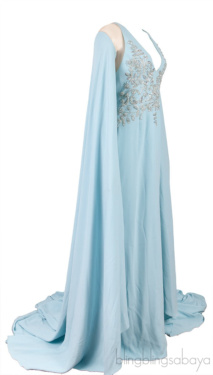 Light Blue Crystal Embellished Cape Gown