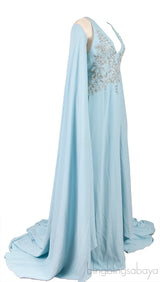 Light Blue Crystal Embellished Cape Gown