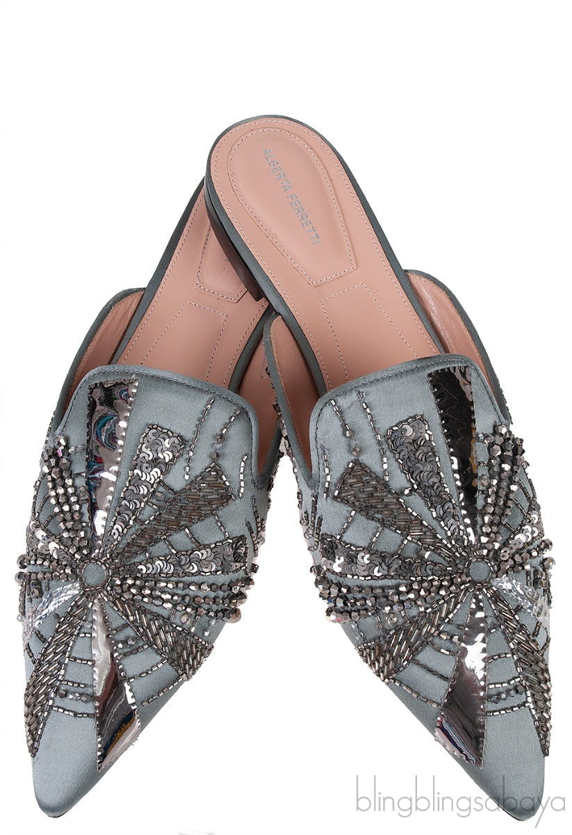 Grey Satin Sequin Embellished Pointed Toe Mule