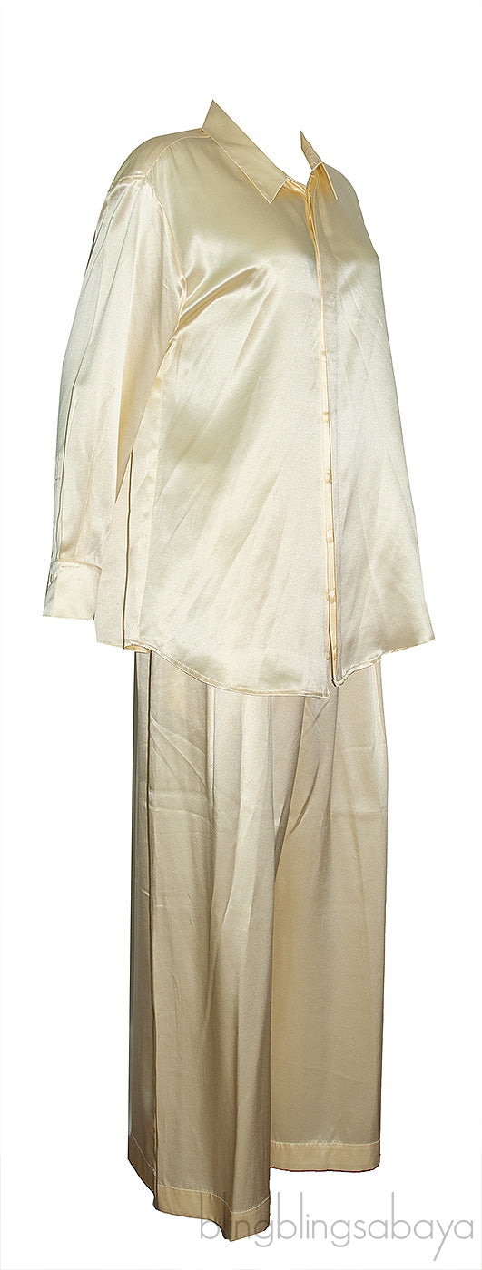Light Yellow Silk-satin Wide-leg Pants & Silk Satin Shirt