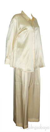 Light Yellow Silk-satin Wide-leg Pants & Silk Satin Shirt
