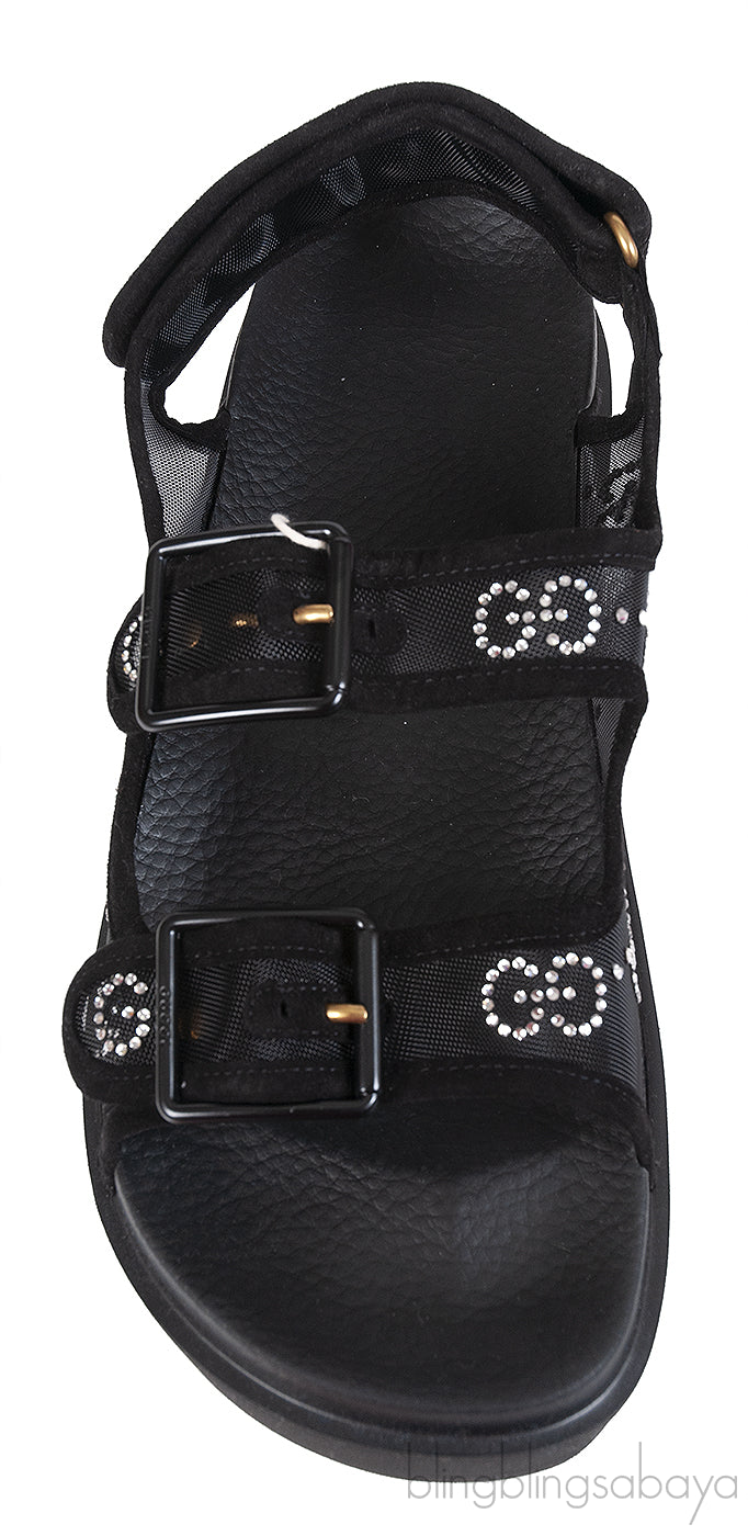 Gucci Black Crystal Embellished Monogram Pattern Sandals