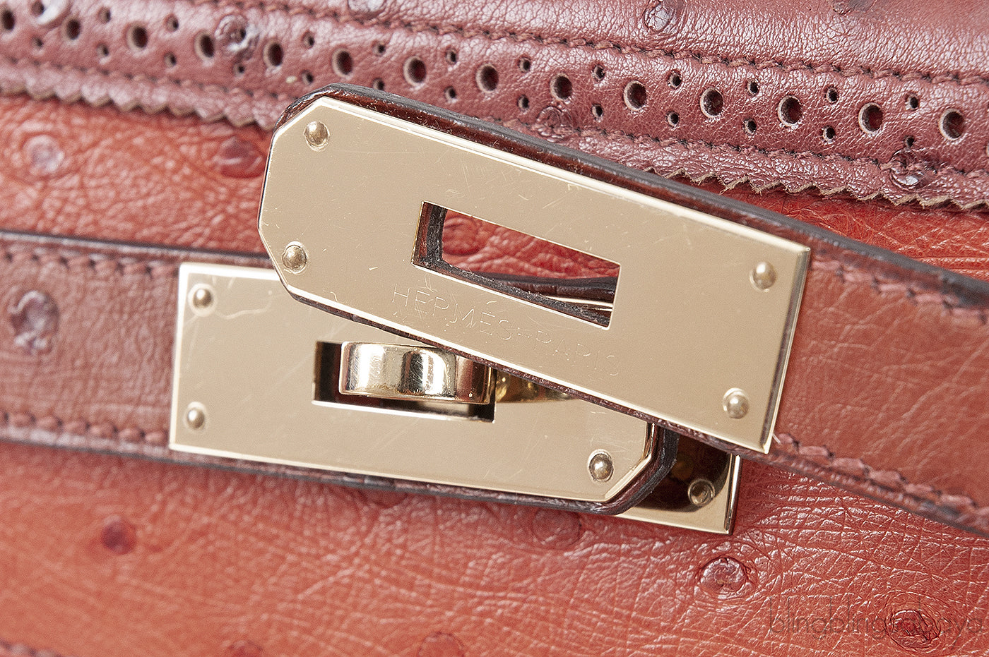 Kelly 32 Ghillies Rouge H Sunset and Brique Ostrich Bag