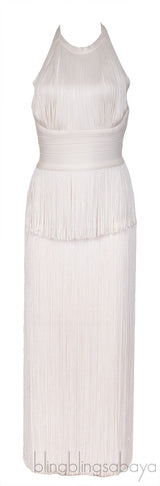 White Halter Neck Fringed Dress
