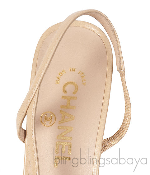 Beige Leather Cap Toe Slingback Shoes