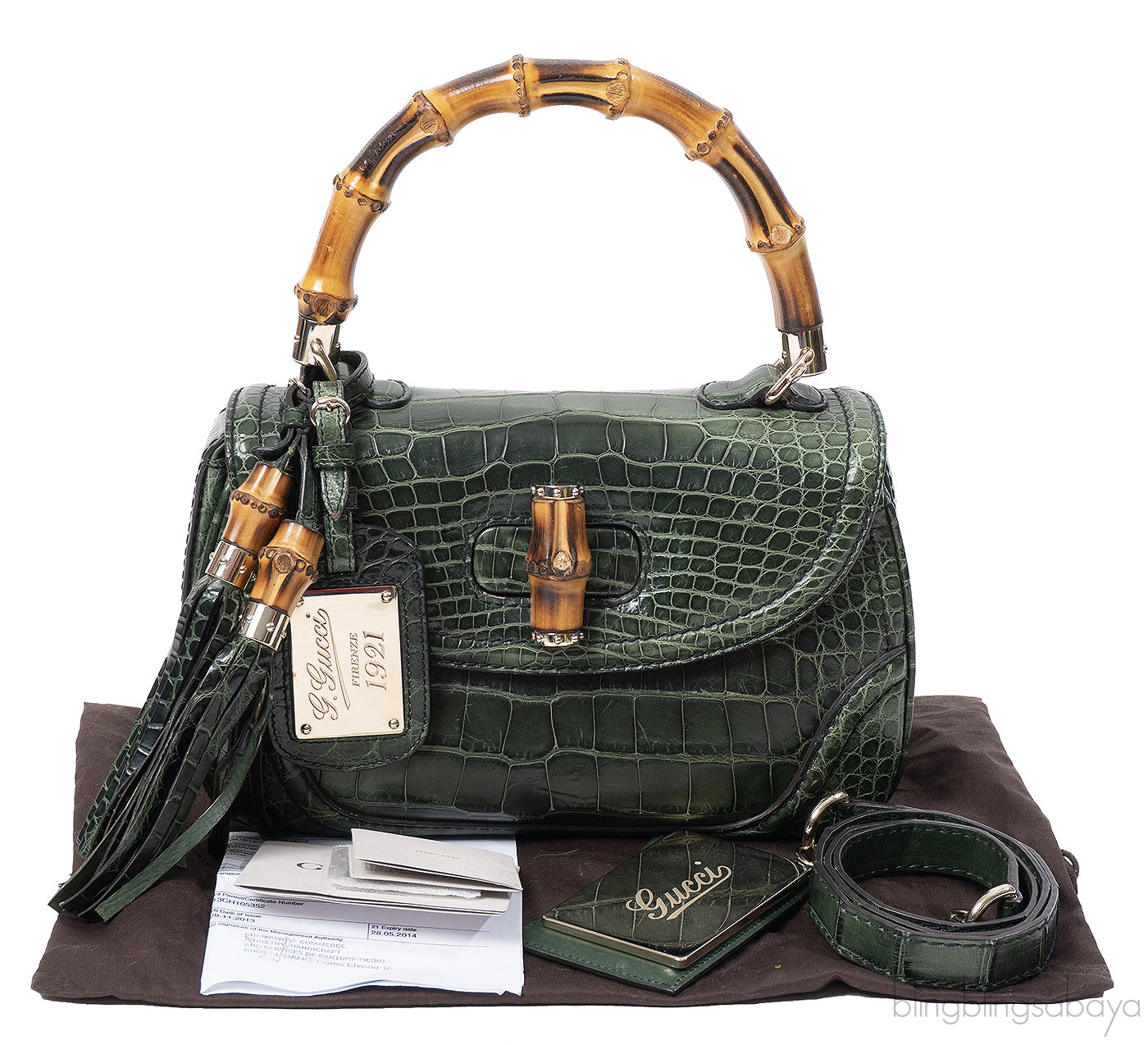 Gucci Forest Green Medium Crocodile Bamboo Top Handle Bag