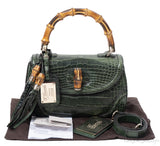 Gucci Forest Green Medium Crocodile Bamboo Top Handle Bag