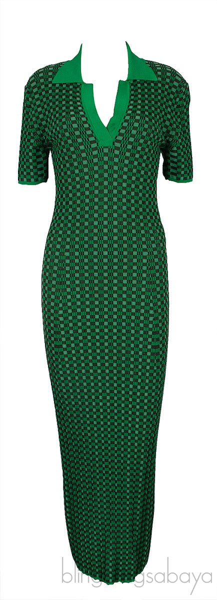 Green Knitted Checkered Maxi Dress