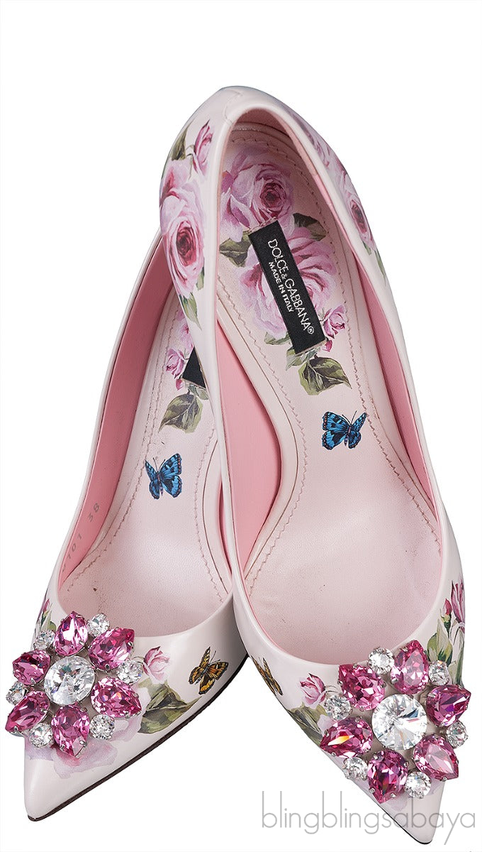 Jeweled Floral Print Leather Heels