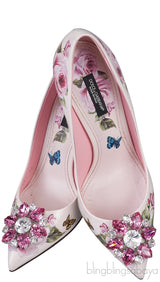 Jeweled Floral Print Leather Heels