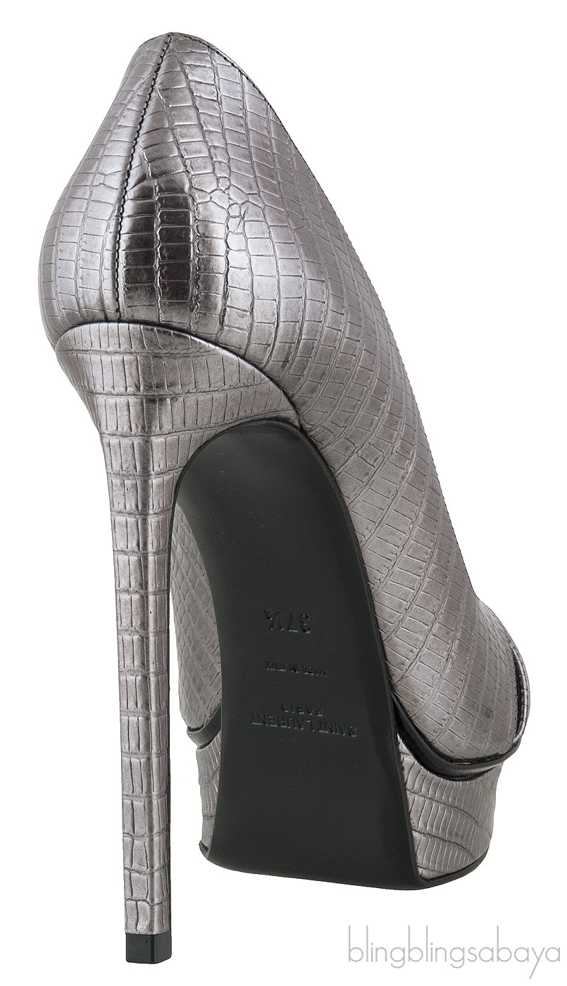 Yves Saint Laurent Gun Metal Lizard Print Pointed Pump