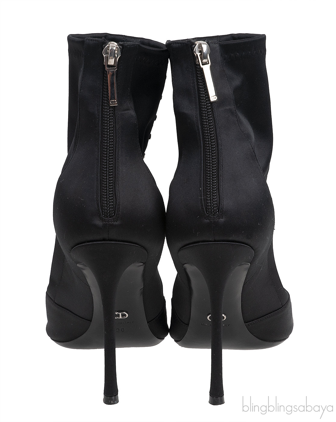 Black Satin Crystal Embellished Peep Toe Boots