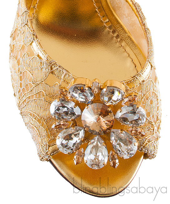 Gold Lace Crystal Vamp Slip-on Sandals
