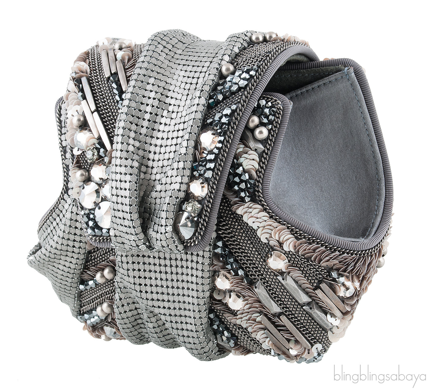 Grey Satin Metal Mesh Clutch
