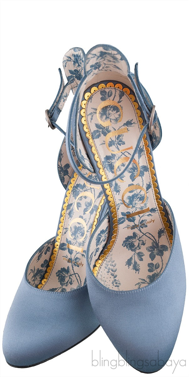 Gucci Blue Grey Satin Daisy 105 Slingback Heels