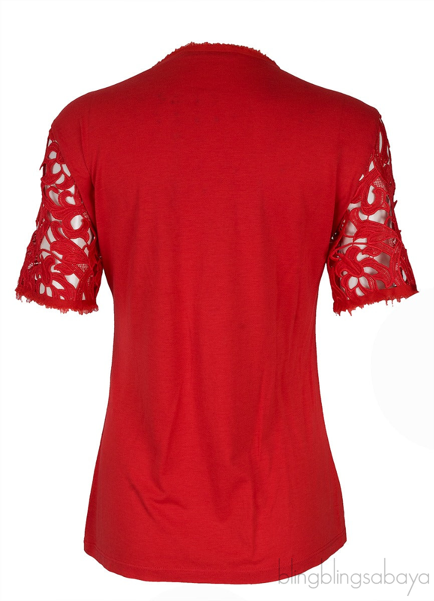 Red T-shirt with Lace Sleeves