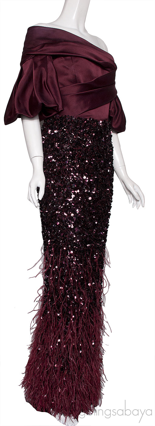 Off-Shoulder Burgundy Feather Gown