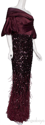 Off-Shoulder Burgundy Feather Gown