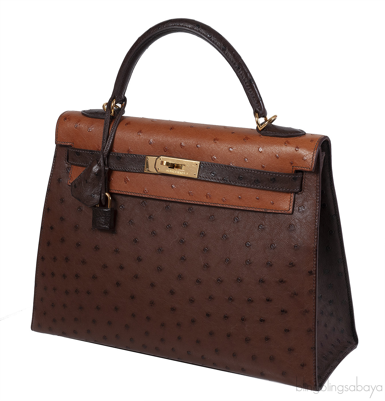 Hermes Kelly 32 Chocolate Natural and Dark Brown Ostrich GHW