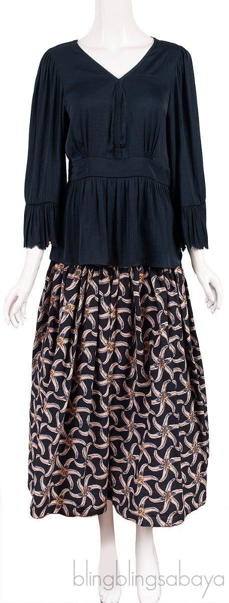Dark Blue Blouse & Floral Print Skirt
