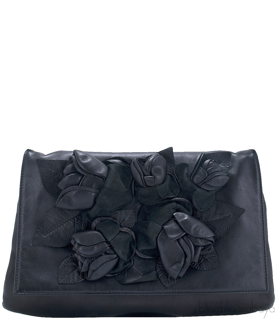 Rosette-appliquéd Leather Clutch