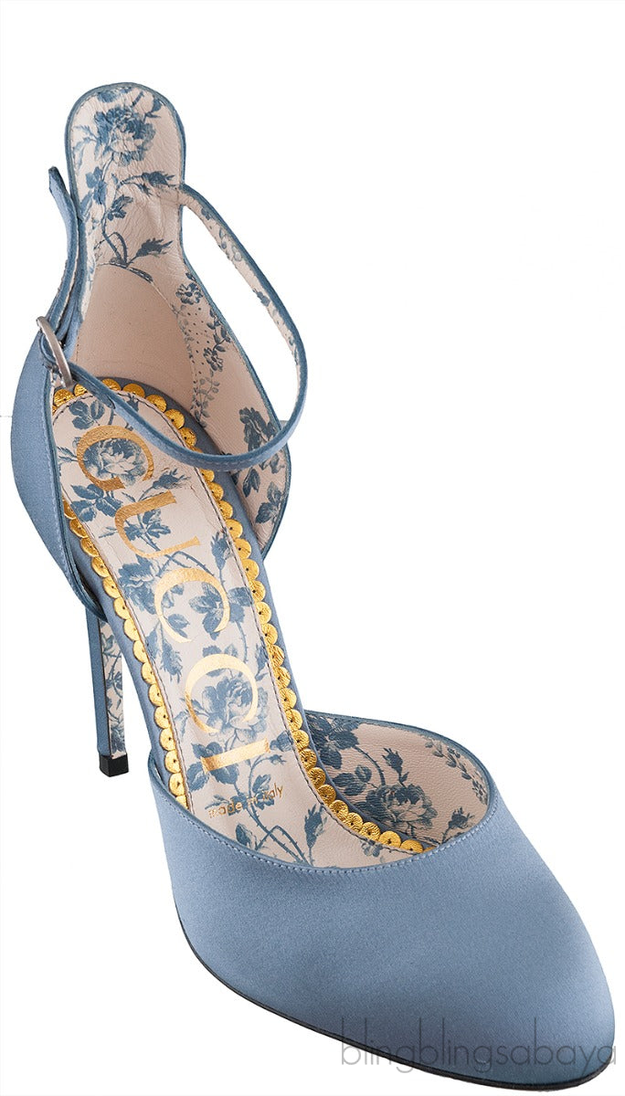 Gucci Blue Grey Satin Daisy 105 Slingback Heels