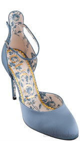 Gucci Blue Grey Satin Daisy 105 Slingback Heels