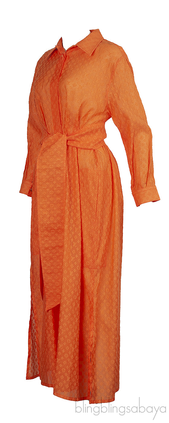 Louis Vuitton Fil Coupe Orange Shirt Belted Dress