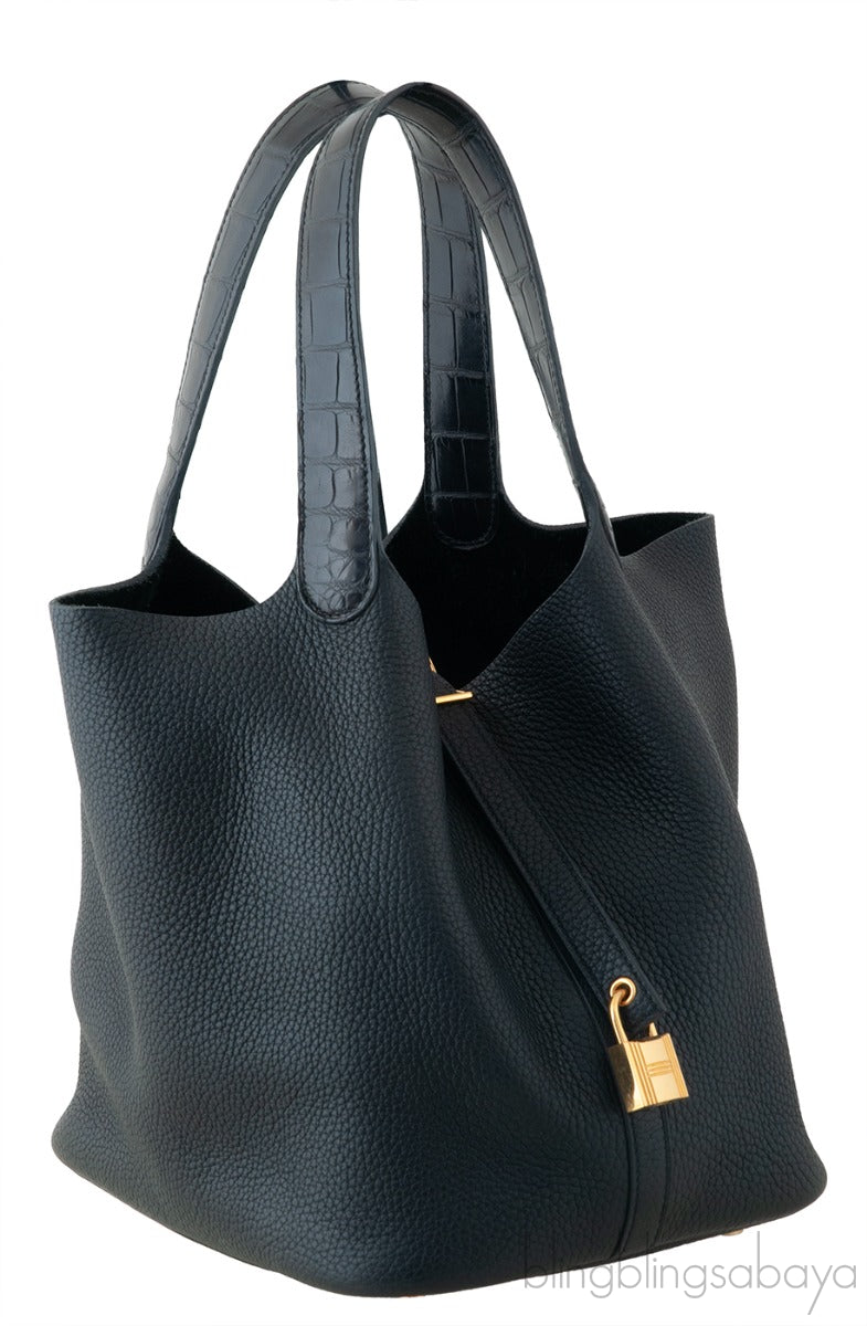 Hermes Picotin 22 Touch Black Matte Crocodile Handle Bag