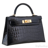 Kelly 20 Black Mini Sellier Crocodile Lisse GHW