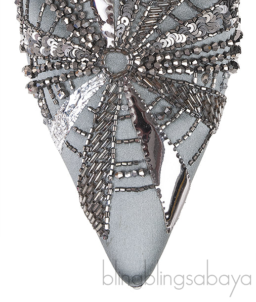Grey Satin Sequin Embellished Pointed Toe Mule