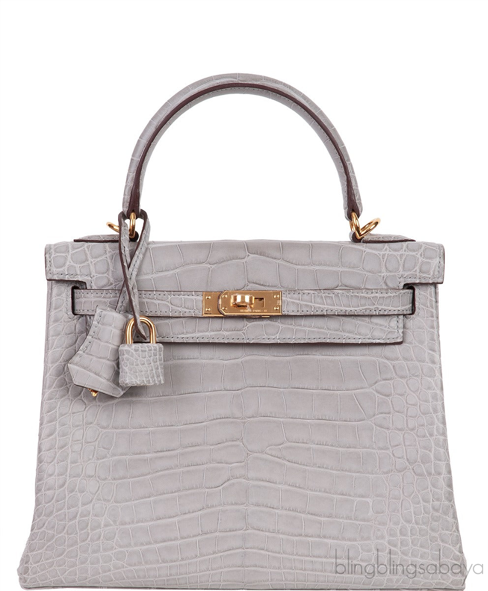 Hermes Special Order Kelly 25 Matte Gris Perle Crocodile and Toffee GHW