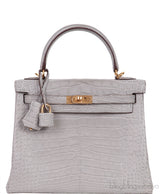 Hermes Special Order Kelly 25 Matte Gris Perle Crocodile and Toffee GHW