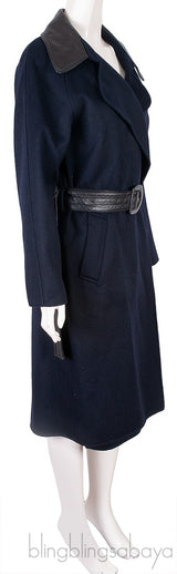Blue Wool Leather Trim Trench Coat w/ Belt