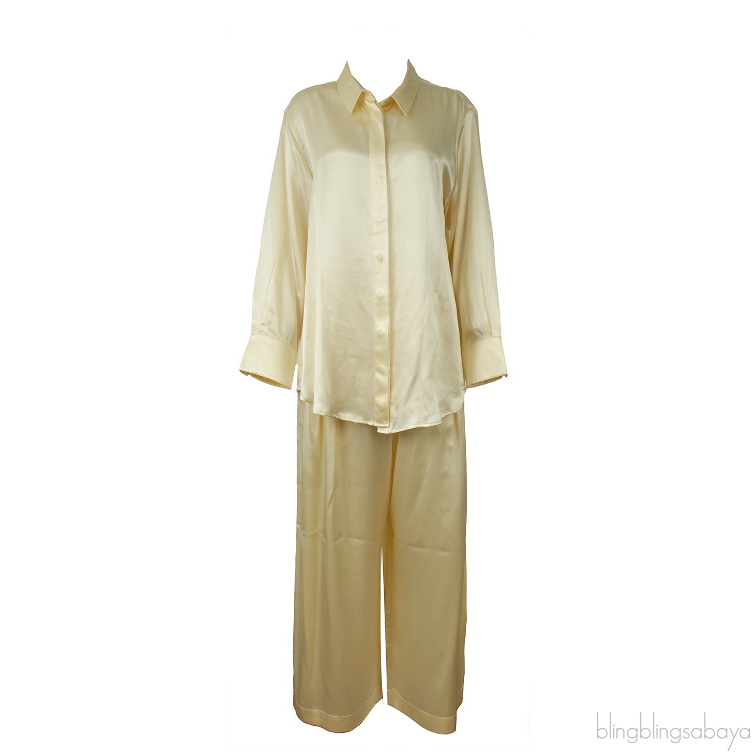 Light Yellow Silk-satin Wide-leg Pants & Silk Satin Shirt